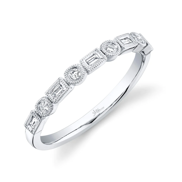 Alternating Round & Baguette Diamond Band with Milgrain