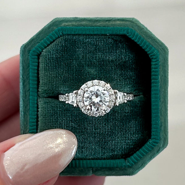 Previously Loved Round Moissanite with Diamond Halo Engagement Ring (Sold As Is)