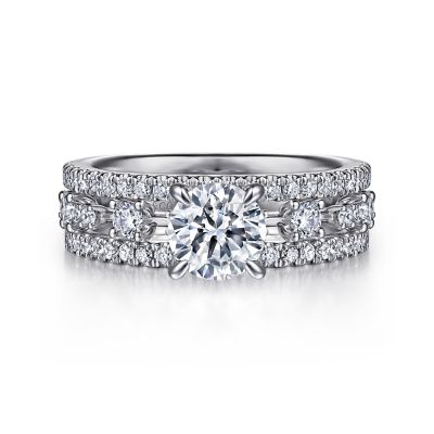 Three Row Round Diamond Semi Mount Engagement Ring (DOES NOT INCLUDE CENTER STONE)