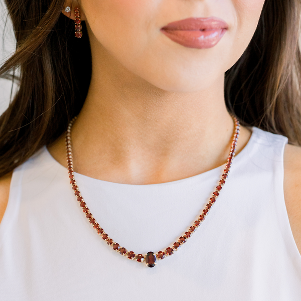Garnet Tennis Necklace with Oval Shape Center