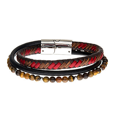 Men's Tiger Eye Beads with Brown and Red Leather Layered Bracelet