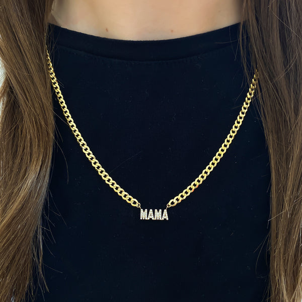 Diamond MAMA Nameplate on Curb Chain Necklace