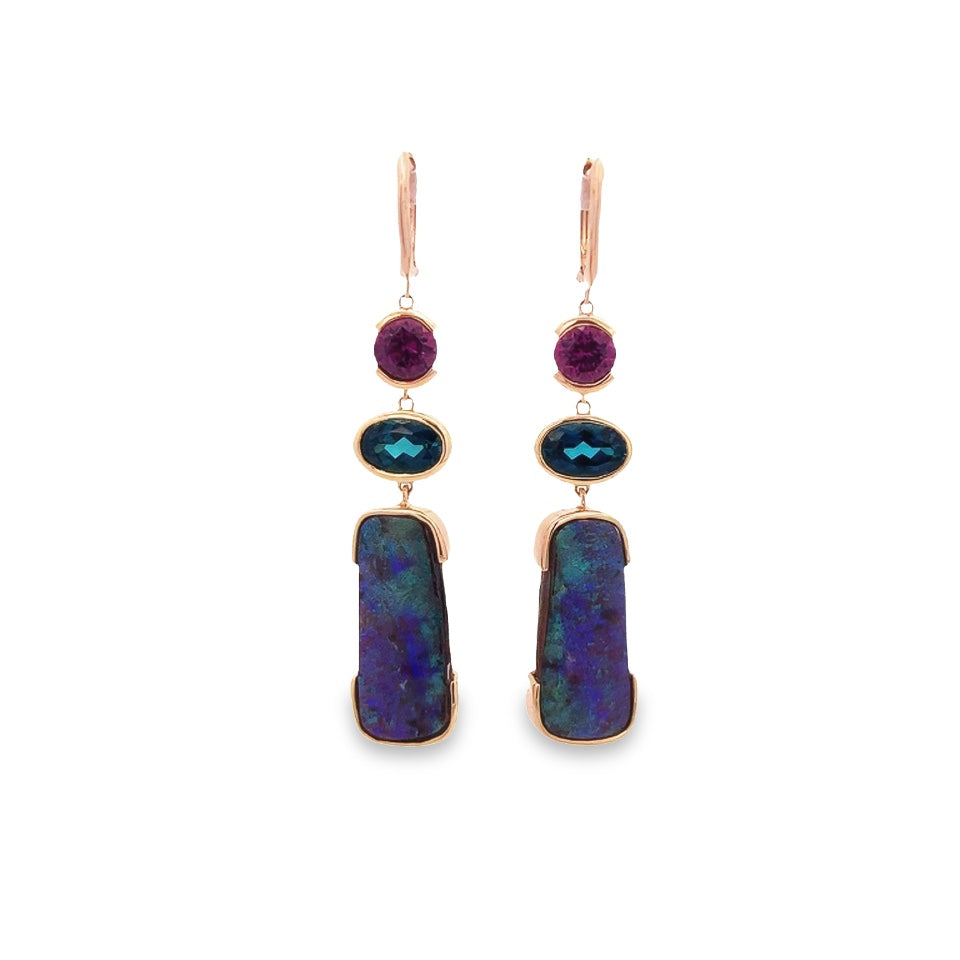 Australian Boulder Opal, Purple Garnet, and Blue Tourmaline Trio Bezel Set Dangle Earrings