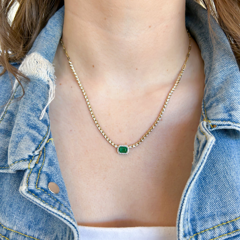 Emerald Gemstone and Diamond Halo Pendant Paper Clip Tennis Necklace