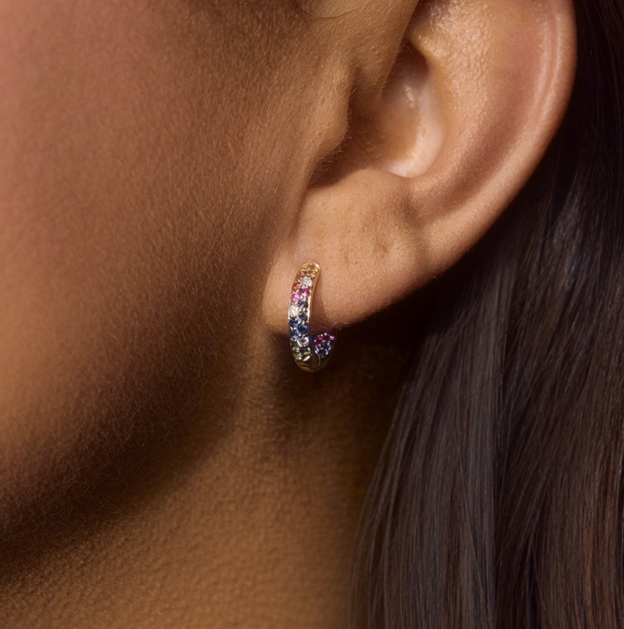 Pave Rainbow Sapphire Huggie Hoop Earrings, 0.87 CTTW - Carter's Collective Fine Jewelry