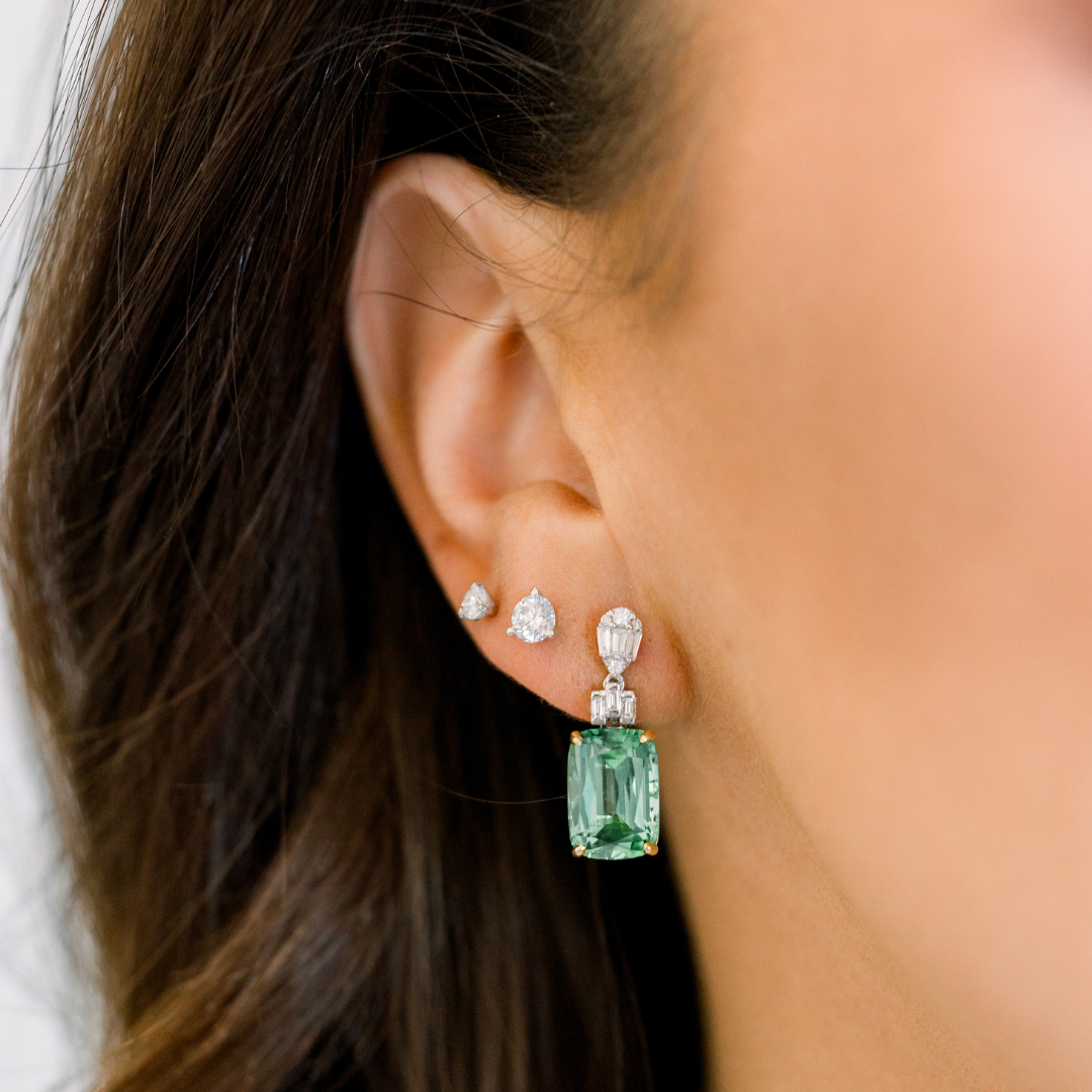 Antique-Inspired Cushion Shape Green Tourmaline & Diamond Accent Dangle Earrings