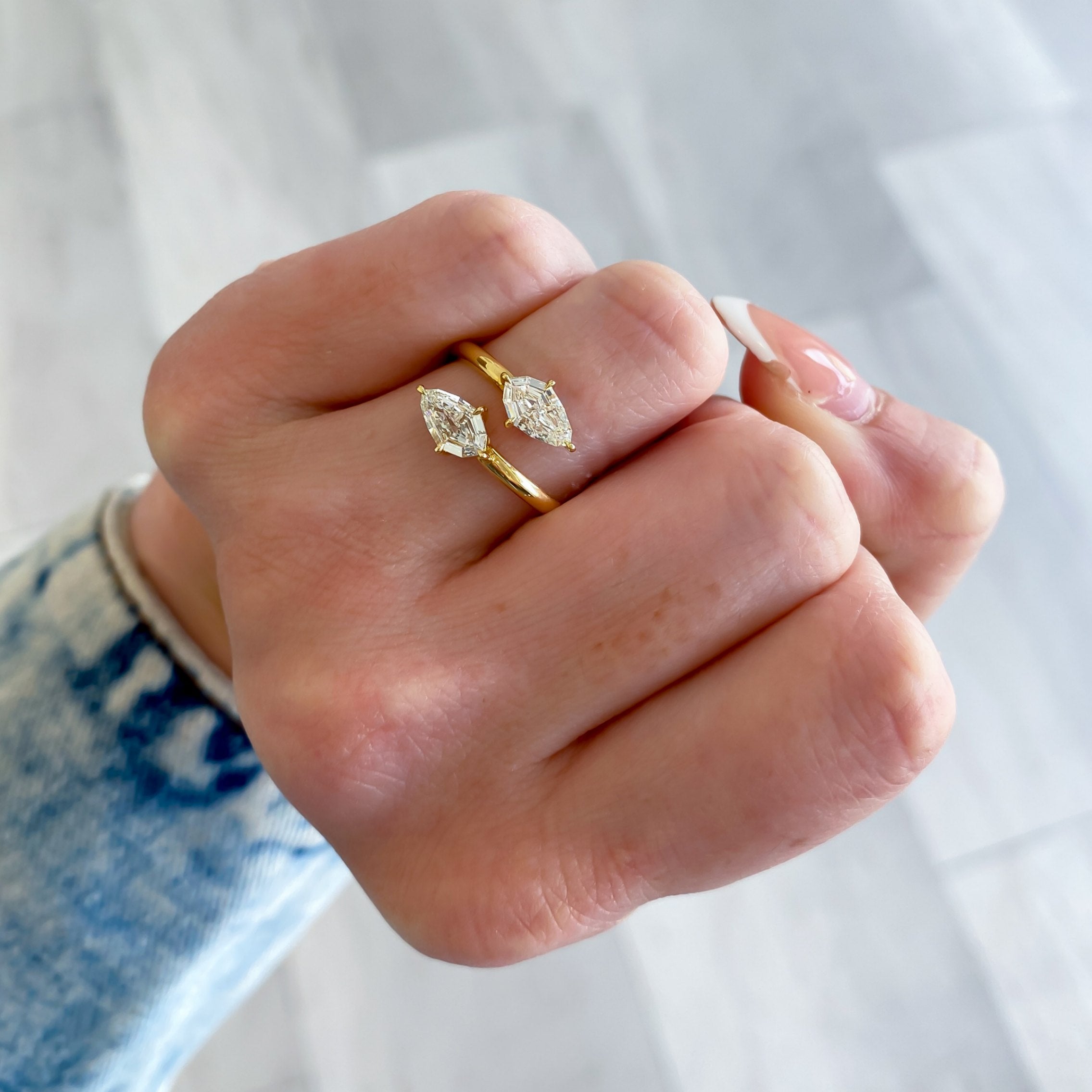 Two Stone Natural Step Cut Pear Shape Diamond Bypass Ring, 1.07 CTTW - Carter's Collective Fine Jewelry