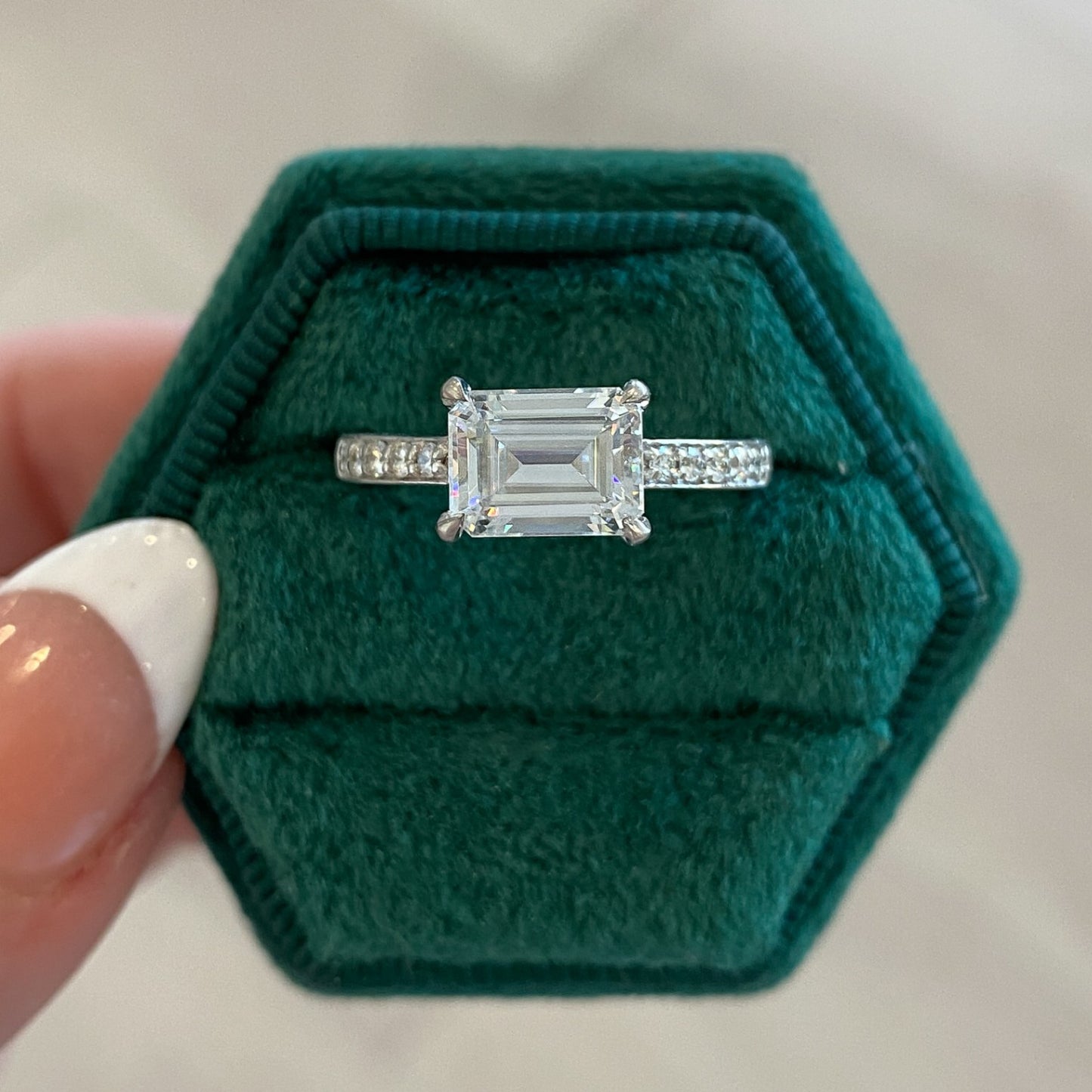 Emerald Cut Moissanite East-West Engagement Ring with Diamond Band