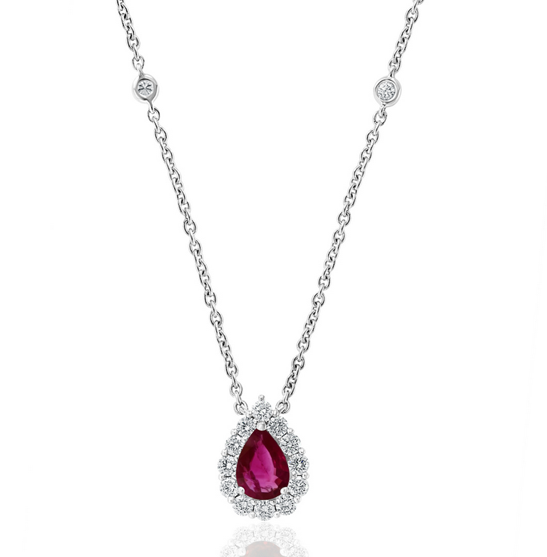 Diamond Halo Ruby Necklace with Diamond Accented Chain - Carter's Collective Fine Jewelry