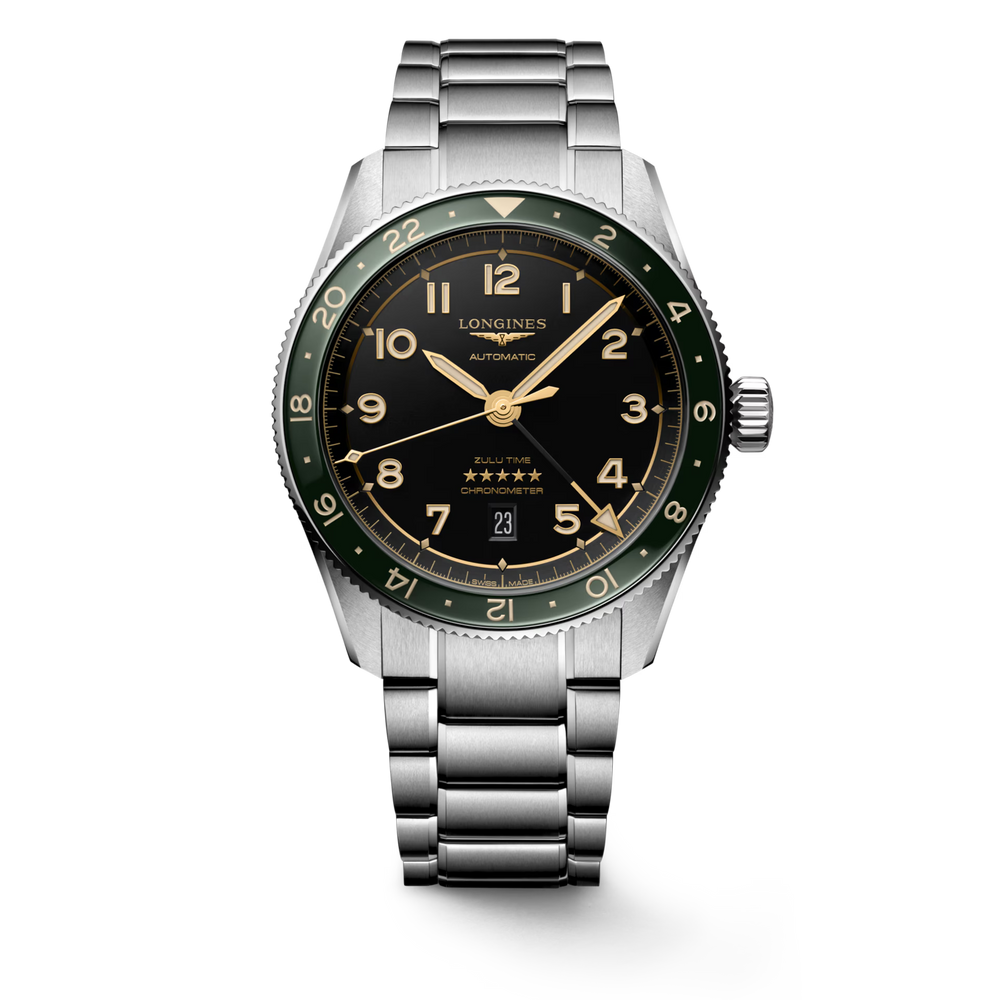 Longines "Spirit Zulu Time" Watch - Stainless Steel with Green Ceramic Bezel & Anthracite Dial, 42mm - Carter's Collective Fine Jewelry