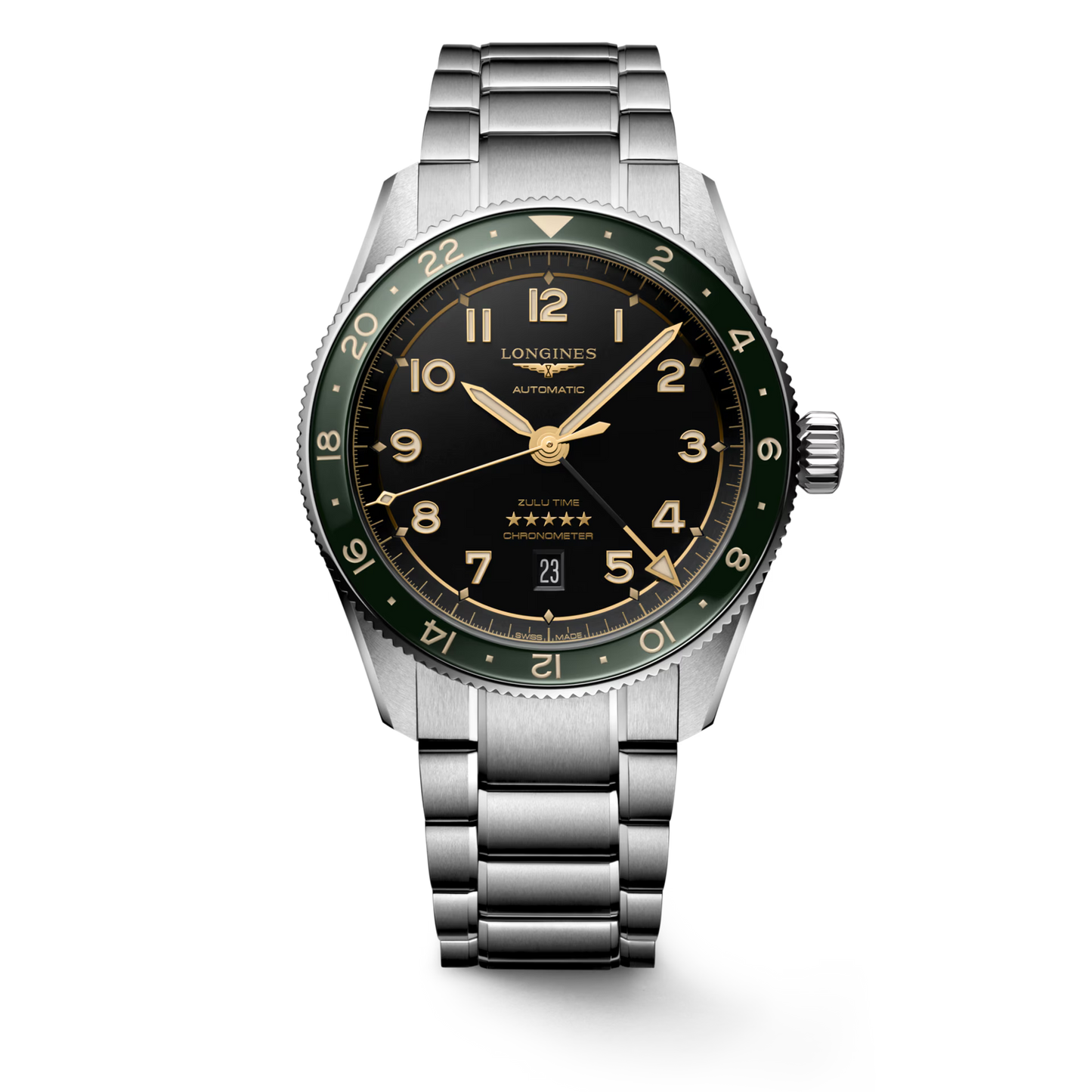 Longines "Spirit Zulu Time" Watch - Stainless Steel with Green Ceramic Bezel & Anthracite Dial, 42mm - Carter's Collective Fine Jewelry