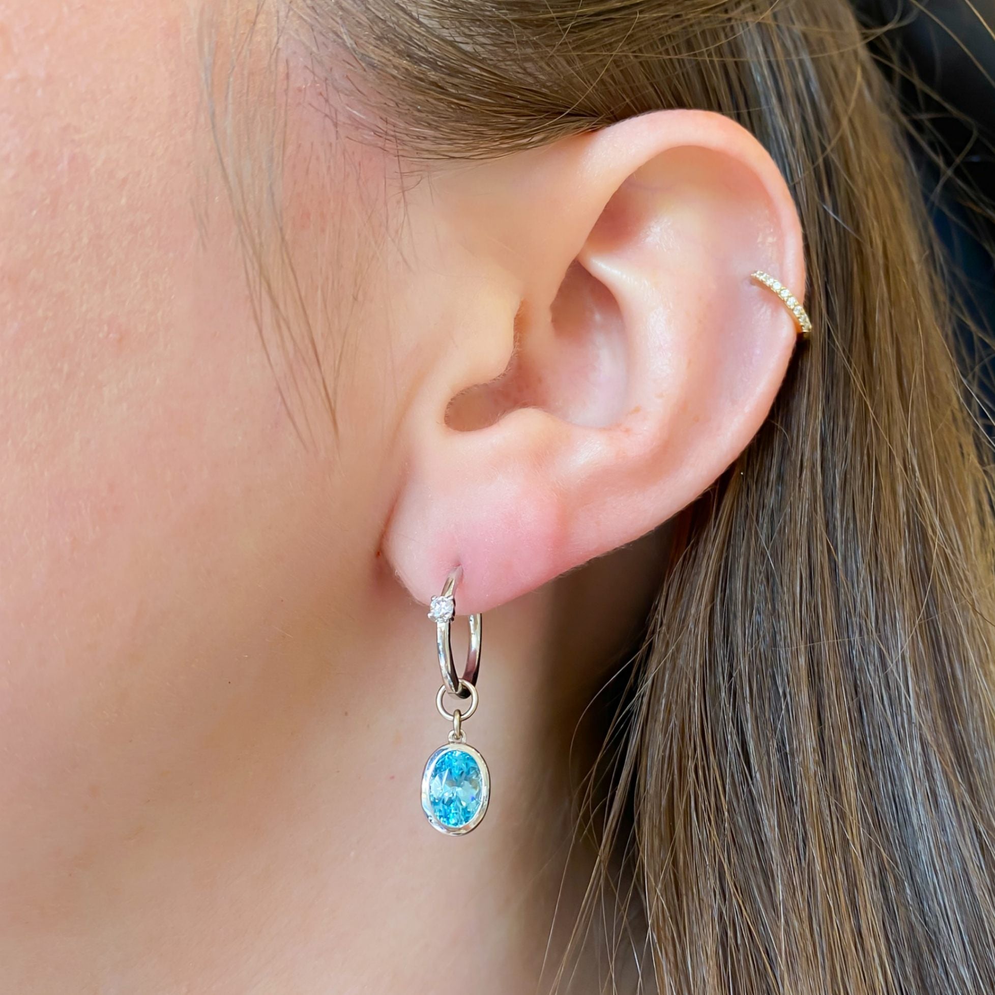 Diamond Huggie Hoop with Blue Zircon Bezel Charm (Pair) - Carter's Collective Fine Jewelry