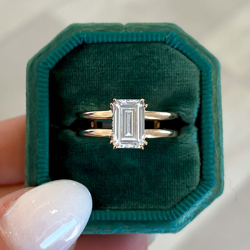 Emerald/Radiant Double Row Band with Diamond Hidden Halo Engagement Ring Setting (Does Not Include Center Stone)