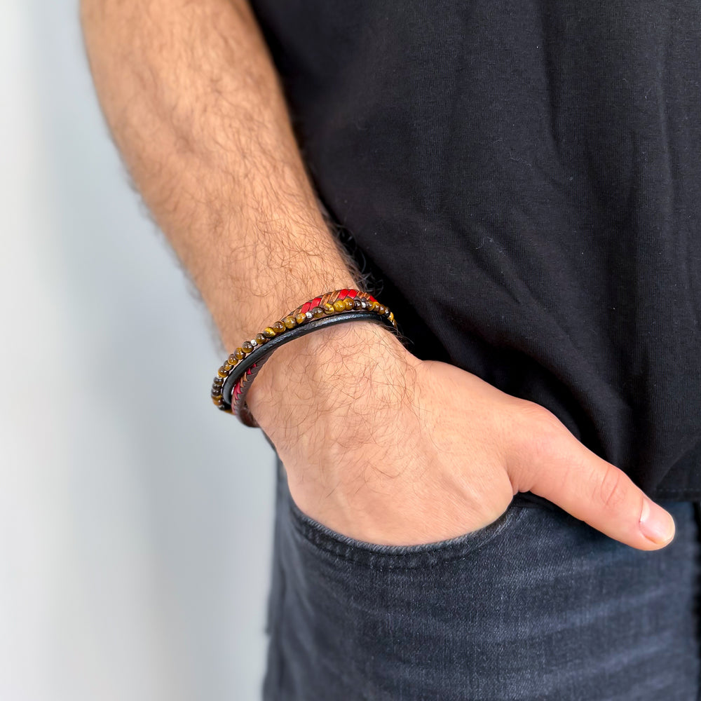 
                  
                    Men's Tiger Eye Beads with Brown and Red Leather Layered Bracelet
                  
                