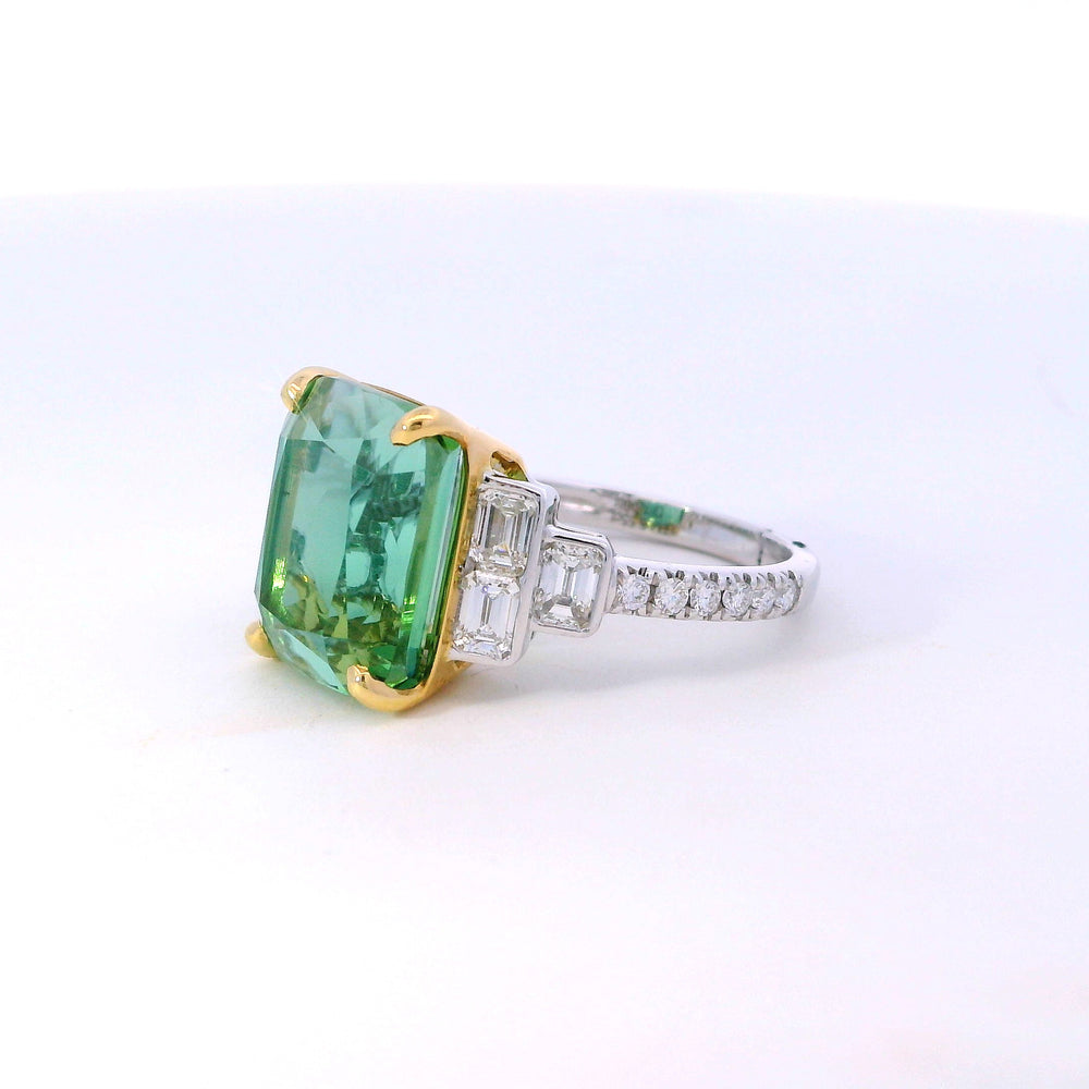 
                  
                    Antique-Inspired Cushion Shape Green Tourmaline Ring with Baguette Diamond Accents
                  
                