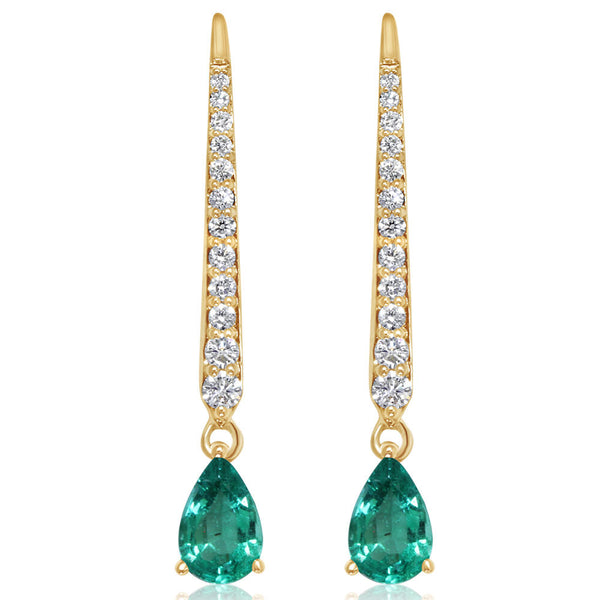 Pear Shape Emerald Gemstone and Diamond Bar Dangle Earrings