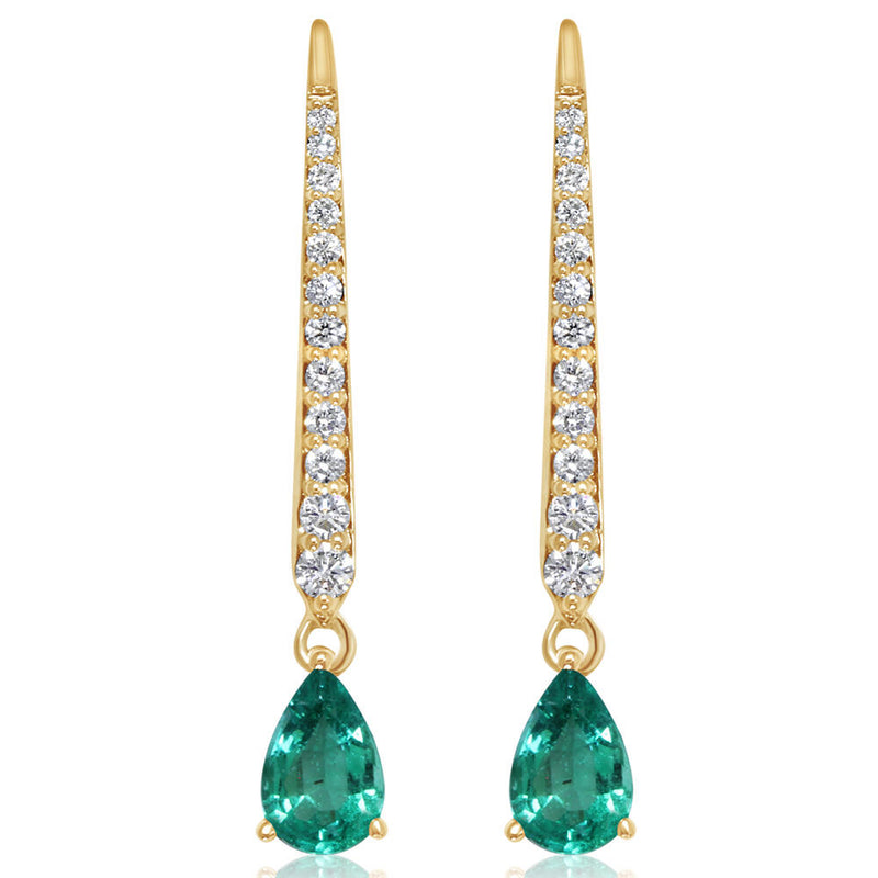 Pear Shape Emerald Gemstone and Diamond Bar Dangle Earrings