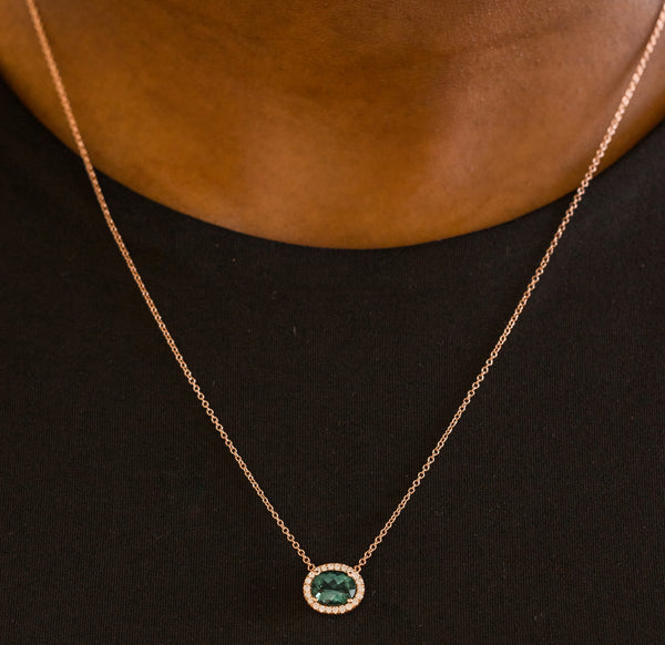 Oval Green Tourmaline with Diamond Halo Necklace