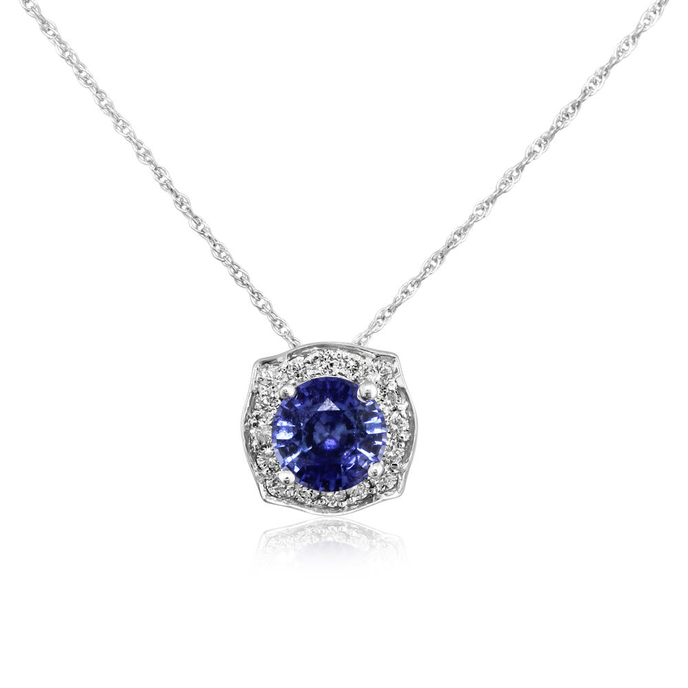 Round Blue Sapphire Pendant with Diamond Accents