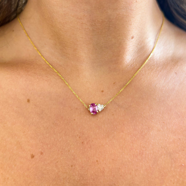 Heart Shaped Diamond and Oval Shaped Pink Sapphire Necklace
