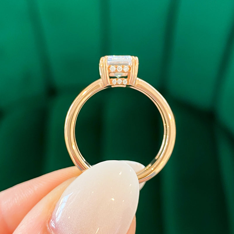 Emerald/Radiant Double Row Band with Diamond Hidden Halo Engagement Ring Setting (Does Not Include Center Stone)