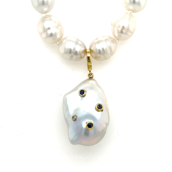 Baroque Freshwater Pearl Pendant With Diamond and Sapphire Accents