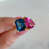 Pear Cut Pink Topaz & Emerald Cut Blue Topaz Two Stone Ring