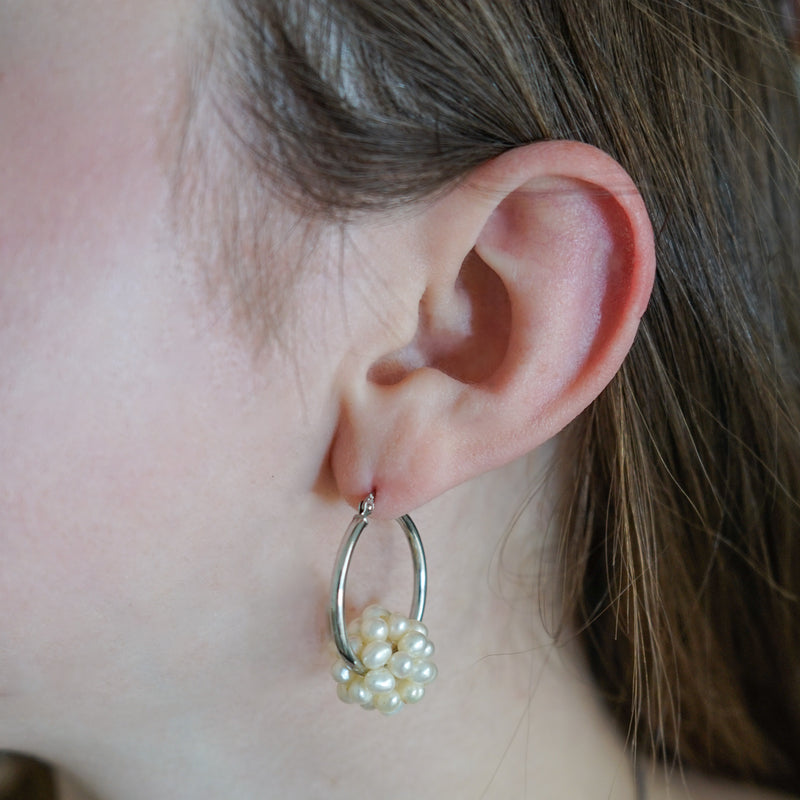 Previously Loved Tube Hoop Earrings with Pearl Cluster Charm (Sold As Is)