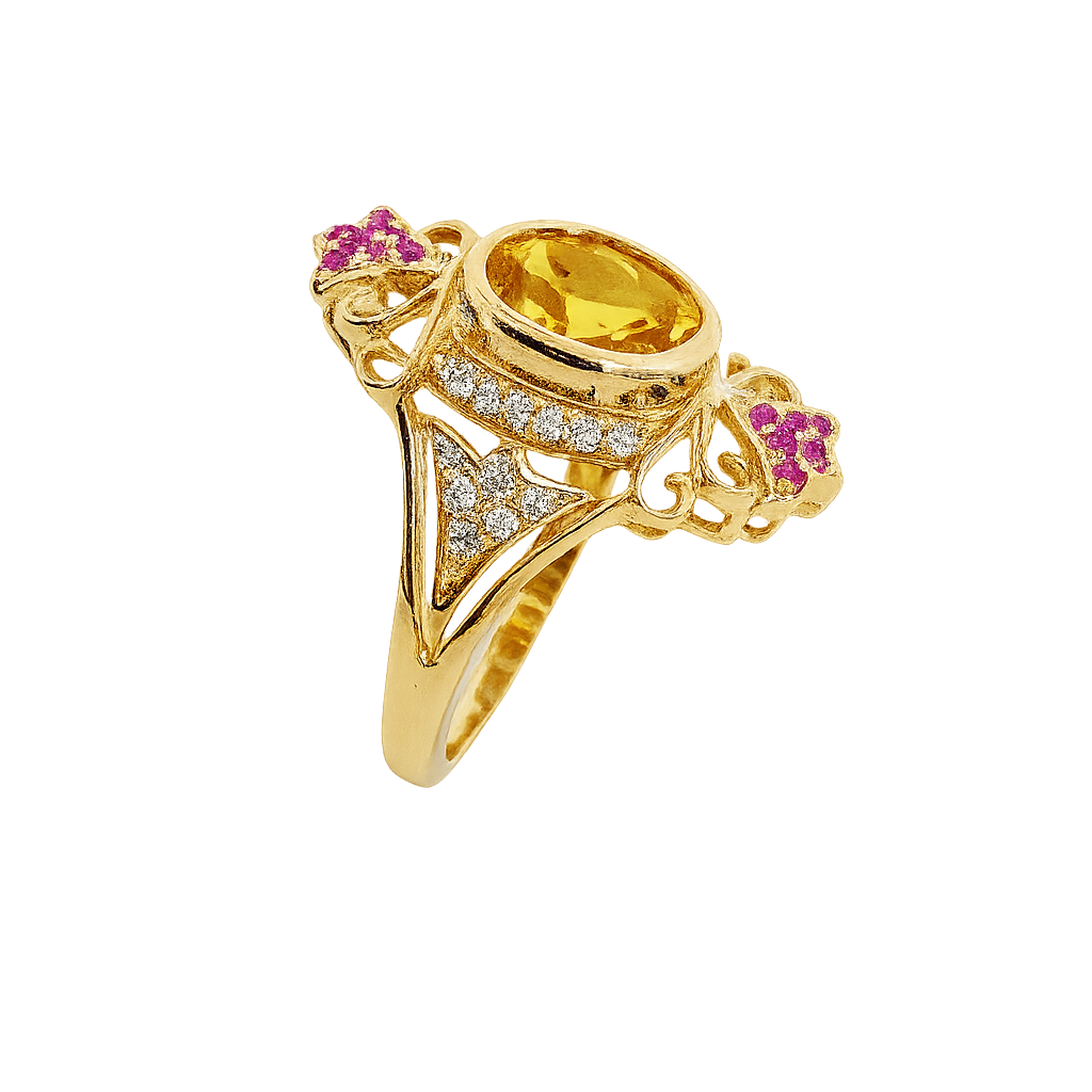 Yellow Sapphire Bezel Ring with Ruby Accent Stones, 6.77 CTTW - Carter's Collective Fine Jewelry