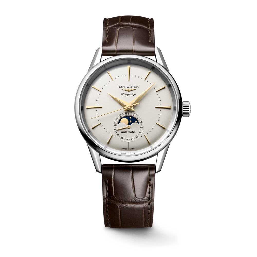 Longines "Flagship Heritage Moonphase" Watch - Stainless Steel w/18K Yellow Gold Details & Brown Alligator Band, 38mm - Carter's Collective Fine Jewelry
