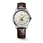 Longines "Flagship Heritage Moonphase" Watch - Stainless Steel w/18K Yellow Gold Details & Brown Alligator Band, 38mm - Carter's Collective Fine Jewelry
