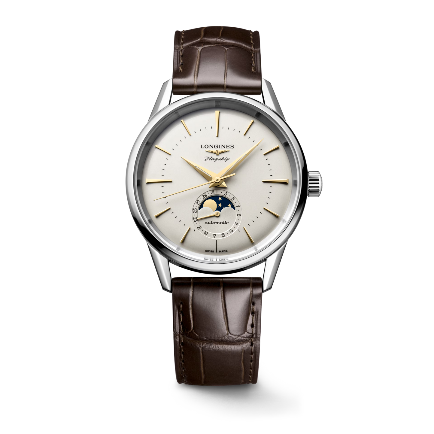 Longines "Flagship Heritage Moonphase" Watch - Stainless Steel w/18K Yellow Gold Details & Brown Alligator Band, 38mm - Carter's Collective Fine Jewelry