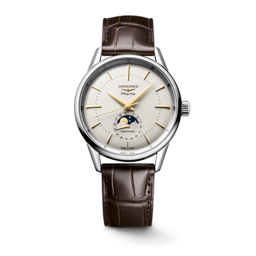 Longines "Flagship Heritage Moonphase" Watch - Stainless Steel w/18K Yellow Gold Details & Brown Alligator Band, 38mm - Carter's Collective Fine Jewelry