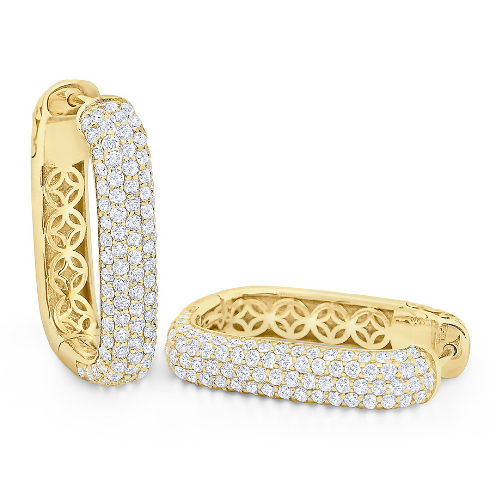 Pave Diamond Elongated Link Huggie Hoop Earrings