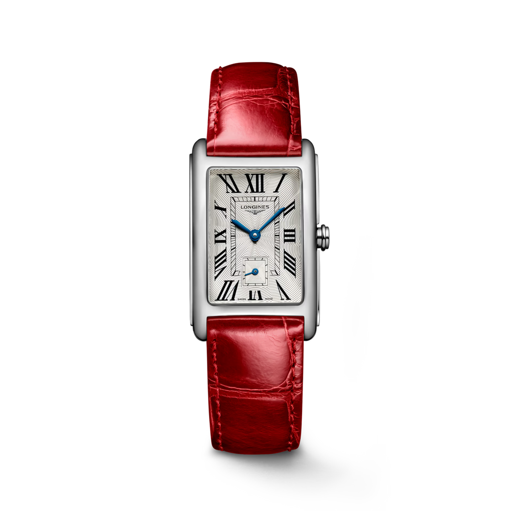 Longines "Dolcevita" Watch with Silver "Flinqué" Dial & Red Alligator Leather Band, 23.3mm x 37mm - Carter's Collective Fine Jewelry
