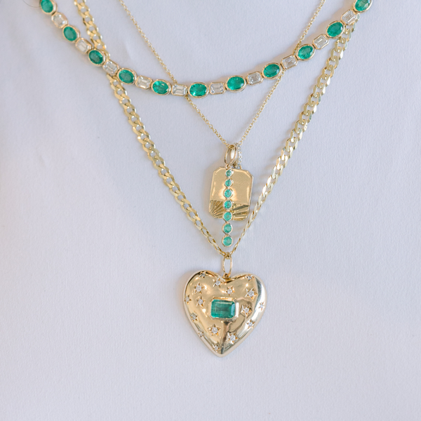 Emerald Center and Celestial Diamond Accent Puff Heart Charm (CHAIN NOT INCLUDED)