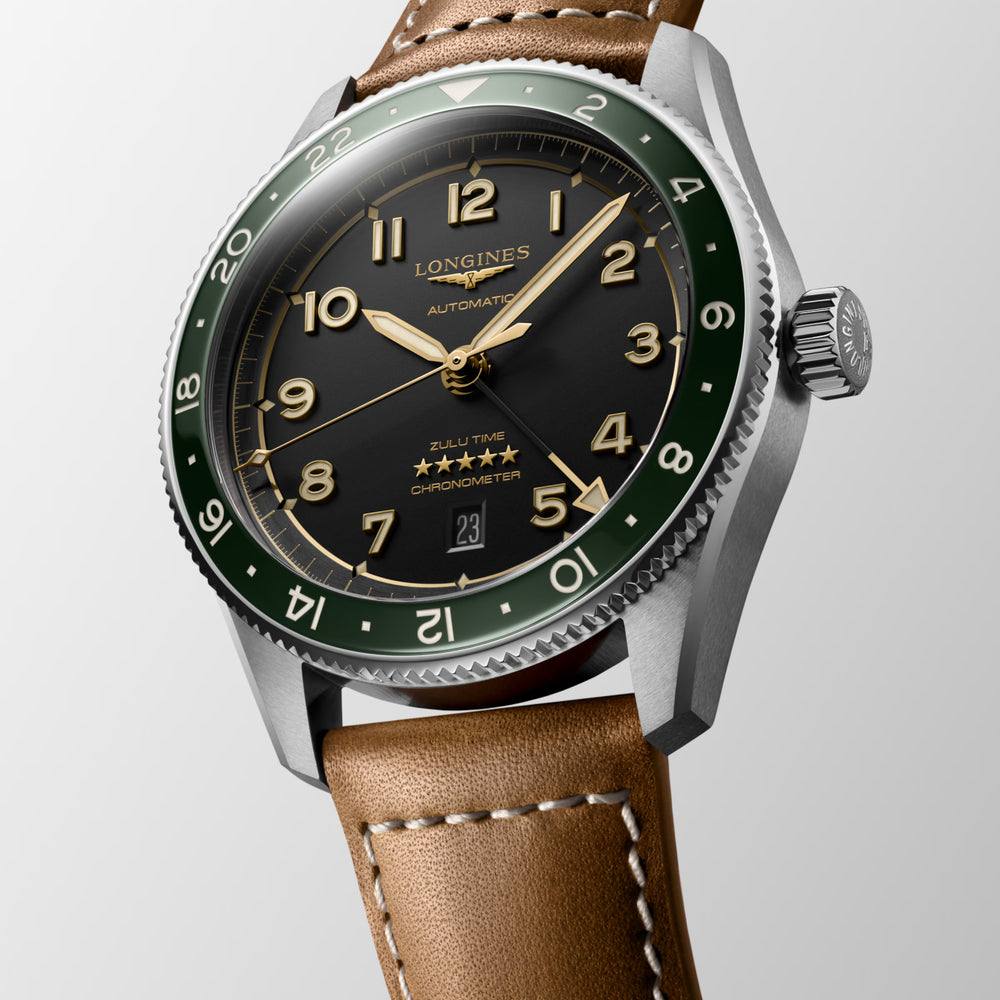Longines "Spirit Zulu Time" Watch - Stainless Steel with Green Ceramic Bezel, Anthracite Dial & Brown Leather Band, 42mm - Carter's Collective Fine Jewelry