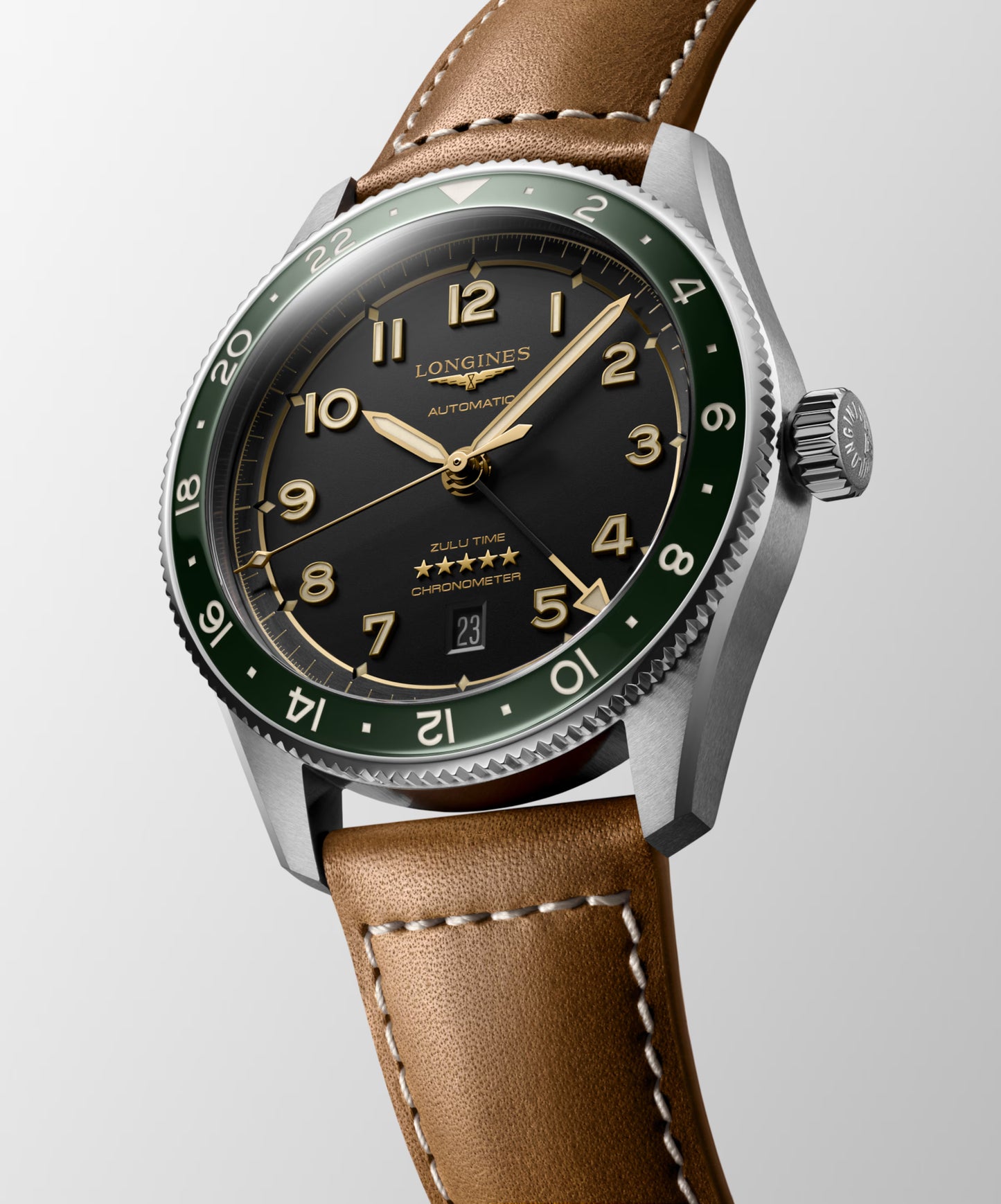 Longines "Spirit Zulu Time" Watch - Stainless Steel with Green Ceramic Bezel, Anthracite Dial & Brown Leather Band, 42mm - Carter's Collective Fine Jewelry