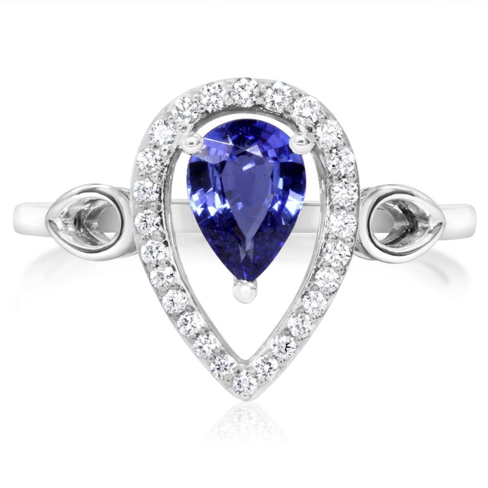 14K White Gold Blue Sapphire Fashion Ring with Diamond Accents