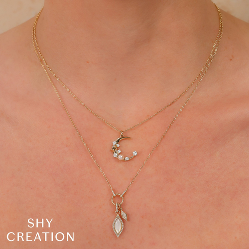 Diamond and Pearl Crescent Moon and Star Necklace