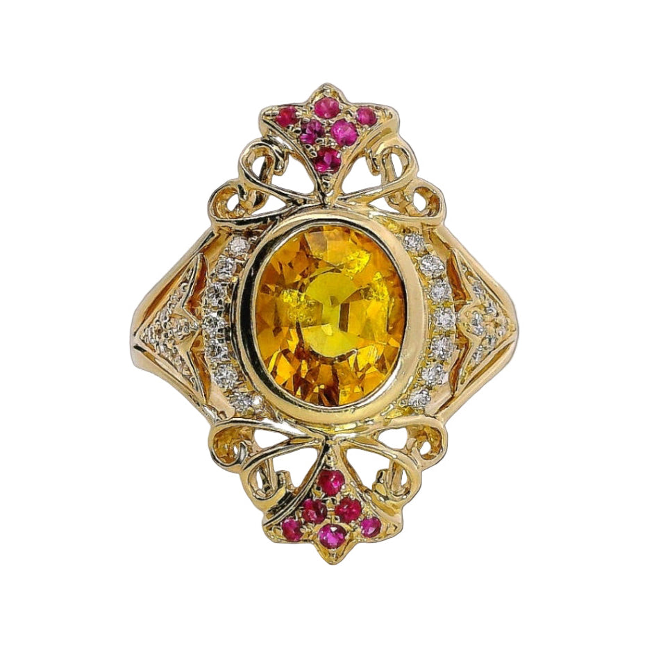 Yellow Sapphire Bezel Ring with Ruby Accent Stones, 6.77 CTTW - Carter's Collective Fine Jewelry