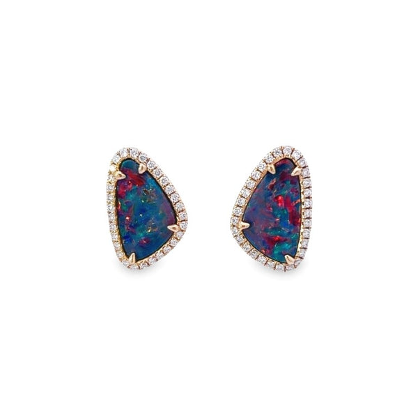Australian Opal Doublet Diamond Halo Stud Earrings (Pair)
