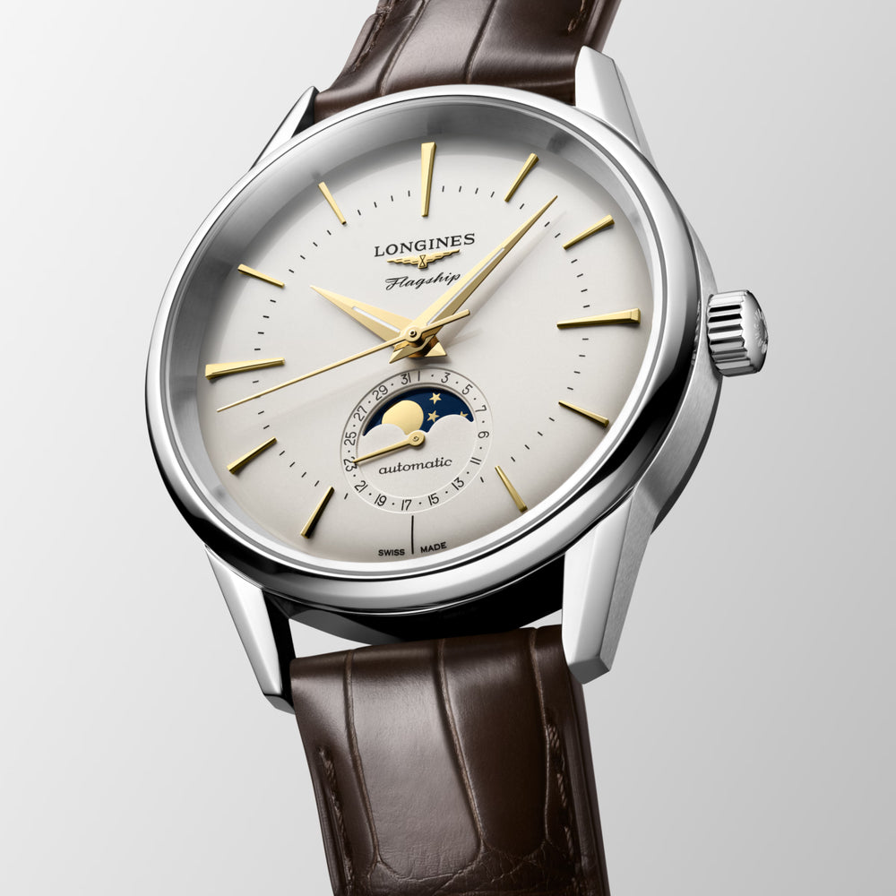 Longines "Flagship Heritage Moonphase" Watch - Stainless Steel w/18K Yellow Gold Details & Brown Alligator Band, 38mm - Carter's Collective Fine Jewelry