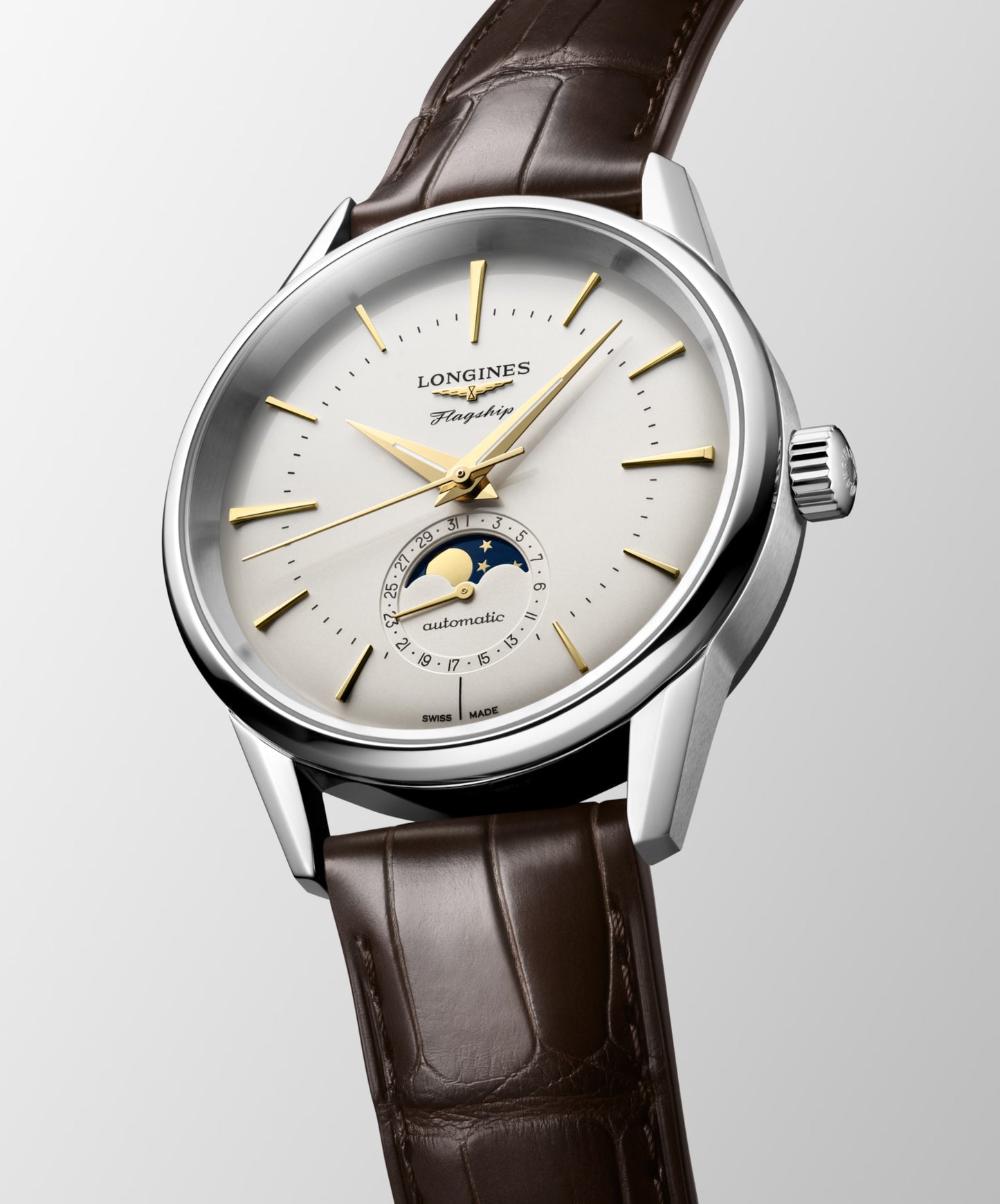 Longines "Flagship Heritage Moonphase" Watch - Stainless Steel w/18K Yellow Gold Details & Brown Alligator Band, 38mm - Carter's Collective Fine Jewelry
