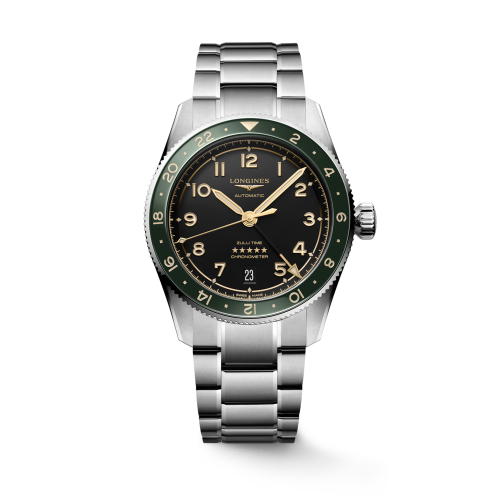 Longines "Spirit Zulu Time" Watch - Stainless Steel with Green Ceramic Bezel & Anthracite Dial, 39mm - Carter's Collective Fine Jewelry