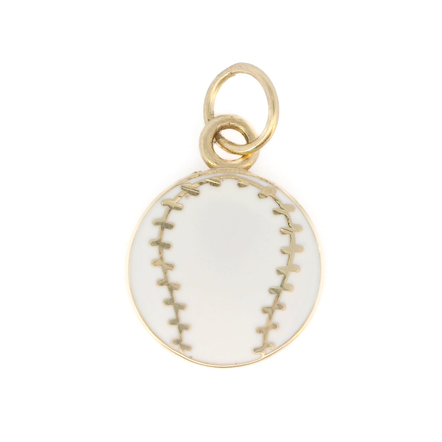 14K Yellow Gold White Enamel Baseball Pendant