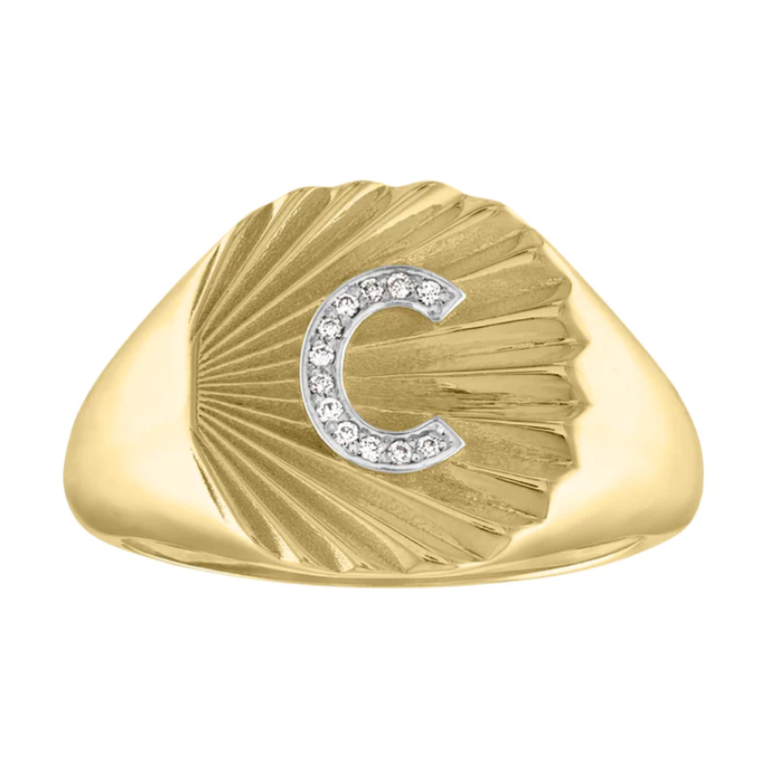 Diamond Initial Fluted Signet Ring