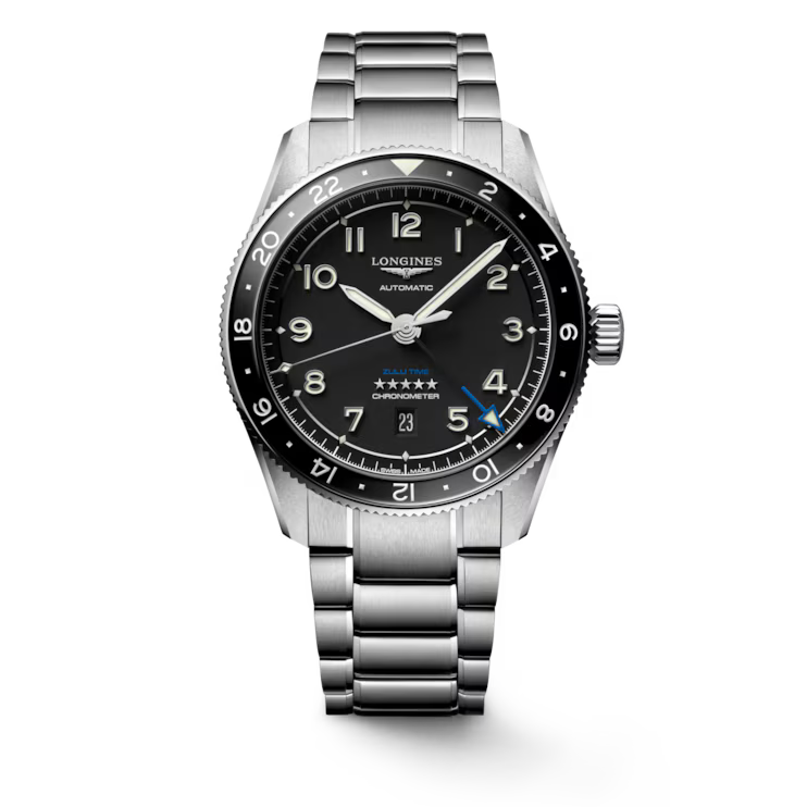 Longines "Spirit Zulu Time" Watch - Stainless Steel with Black Ceramic Bezel & Matte Black Dial, 42mm - Carter's Collective Fine Jewelry