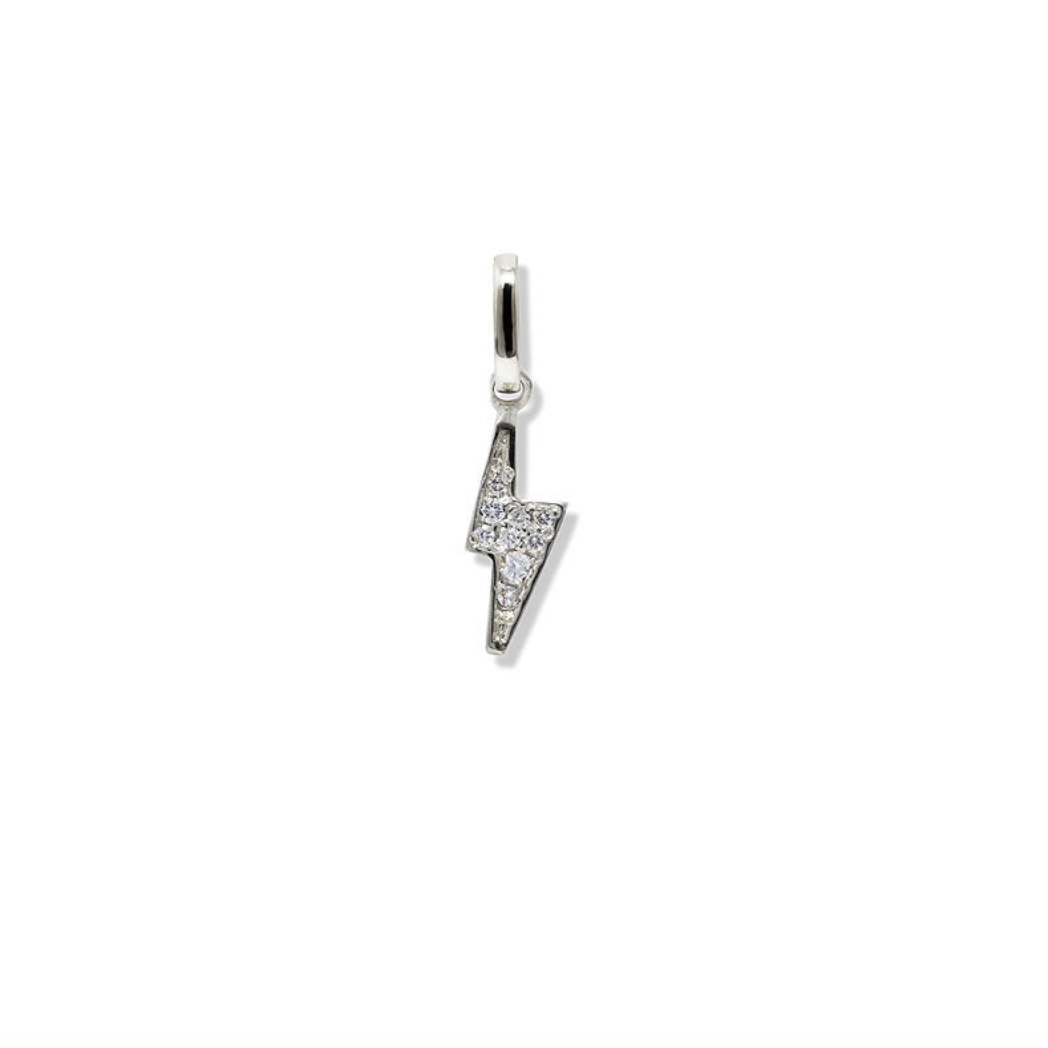 Silver lightning bolt pendant with clear gemstones on a white background