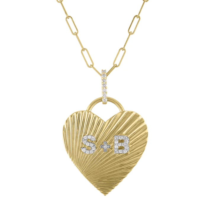 Large Fluted Heart Diamond Initial Necklace on Paperclip Chain